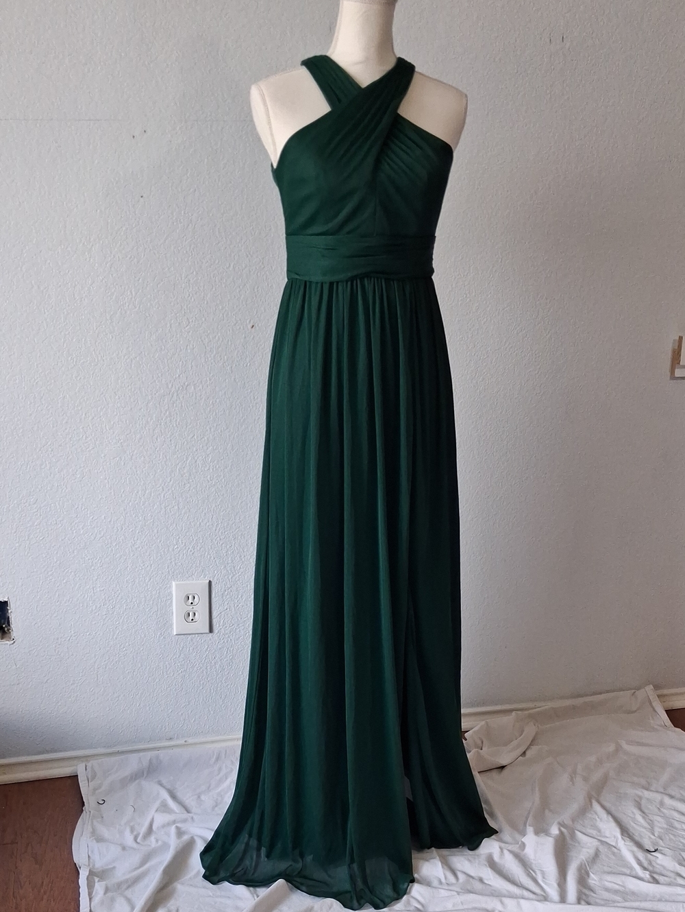 David's Bridal Emerald Green Crisscross Halter Maxi Dress